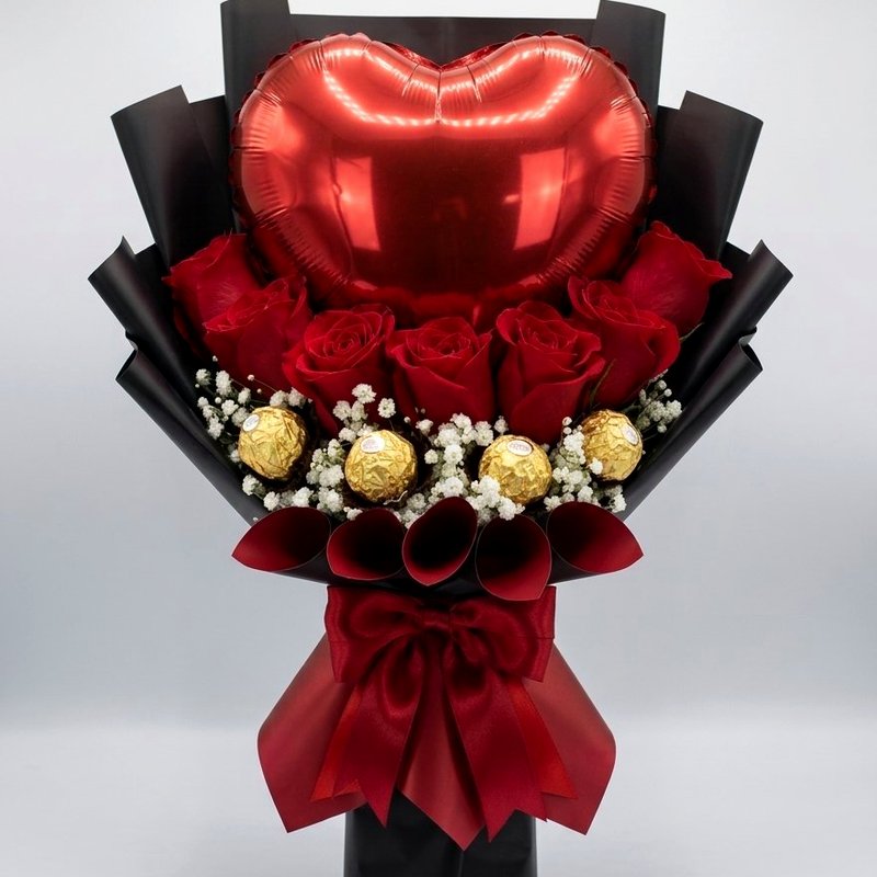 Buquê Doce Amor com rosas, Ferrero e balão em Petrolina e Juazeiro