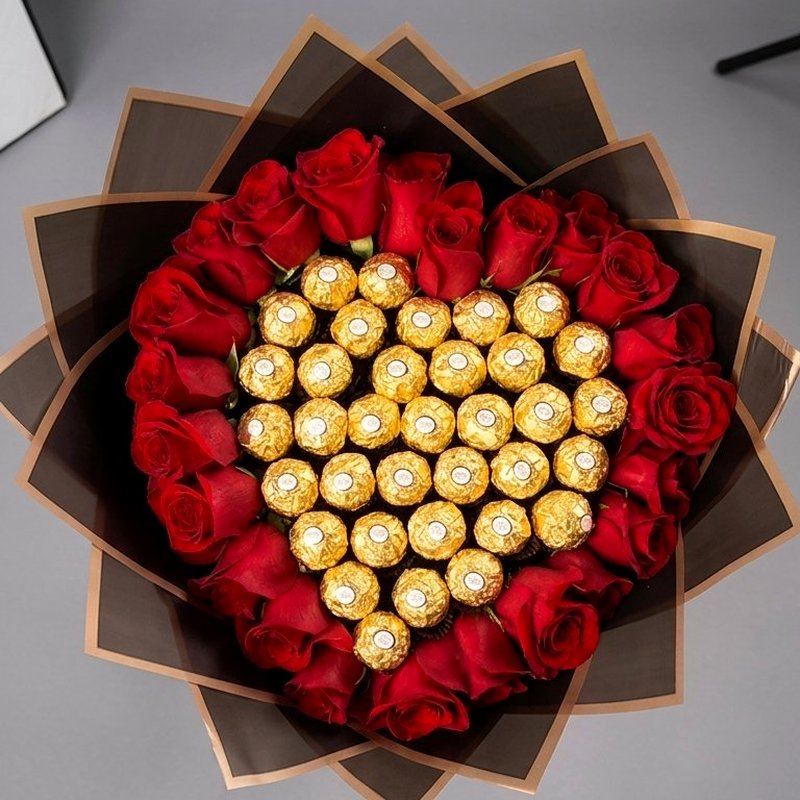 Buquê coração Doce Paixão com rosas e Ferrero em Petrolina e Juazeiro