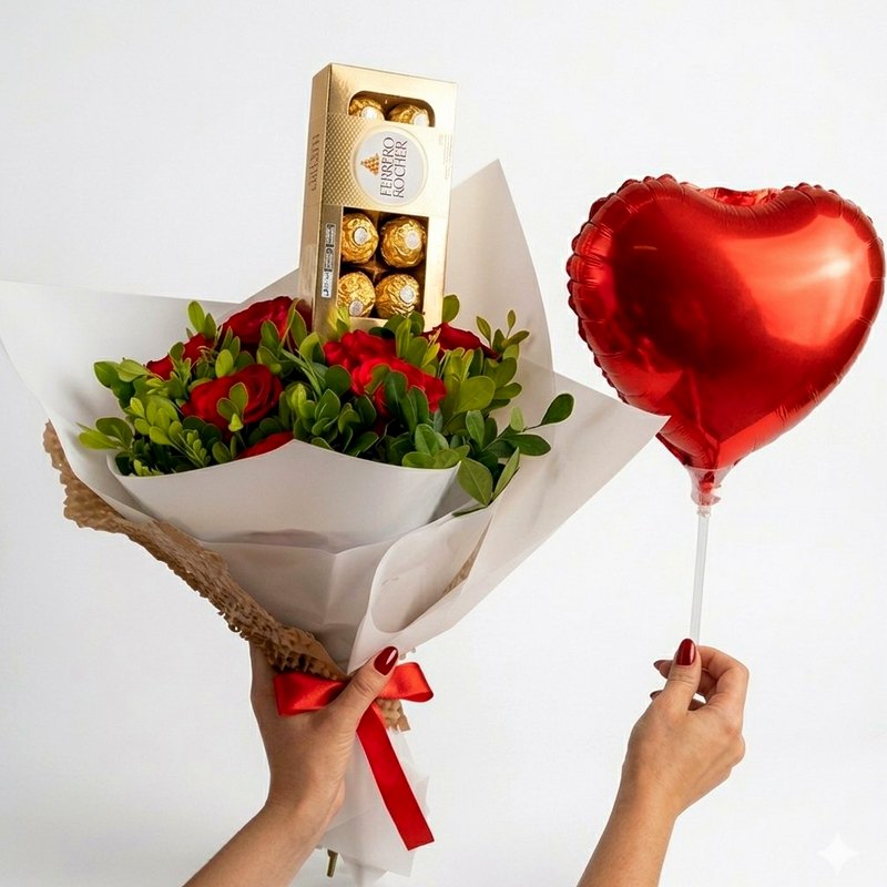 Combo Último Romance com rosas, Ferrero Rocher e balão em Petrolina e Juazeiro