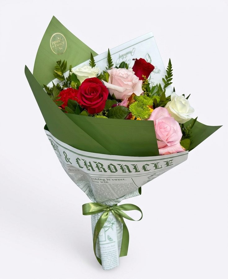 Buquê misto com flores sortidas e papel jornal verde em Petrolina e Juazeiro
