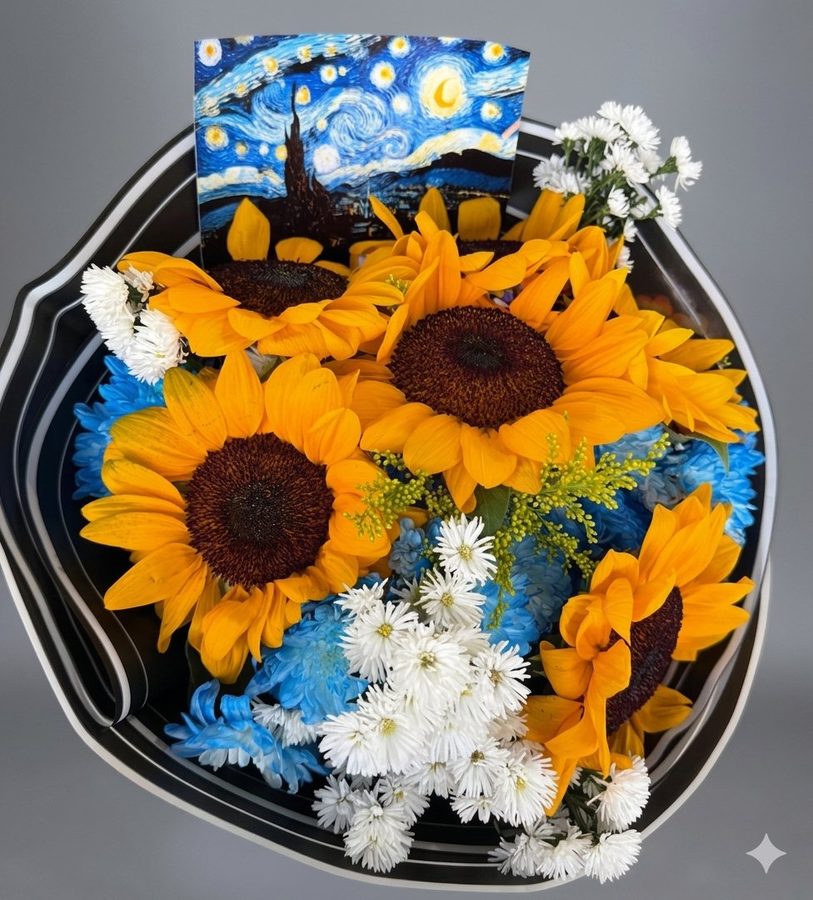 Box Noite Estrelada com girassóis, flores azuis e card Van Gogh em Petrolina e Juazeiro