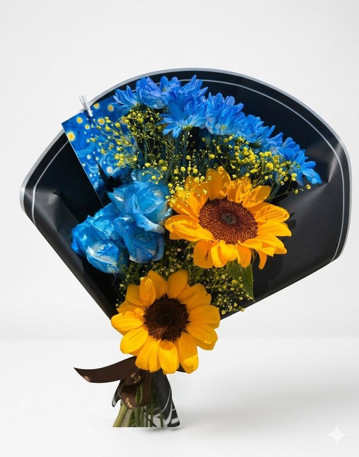 Ramalhete Noite Estrelada com rosas azuis, girassóis e card Van Gogh em Petrolina e Juazeiro